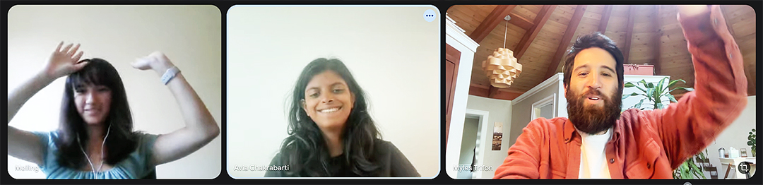 A three-panel screenshot from a virtual youth group video call showing two participants smiling.